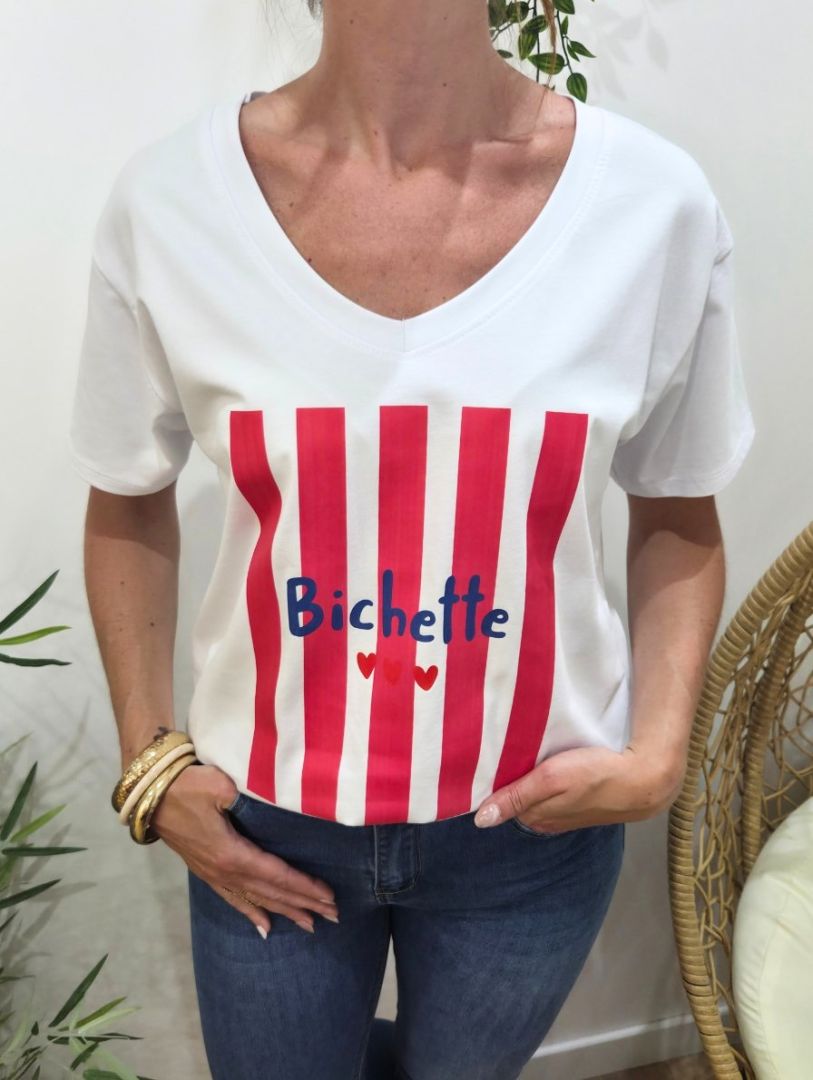 T-Shirt femme blanc bichette rayures roses
