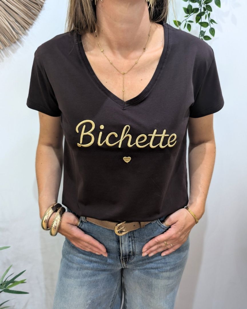 T-Shirt femme marron broderie bichette doré