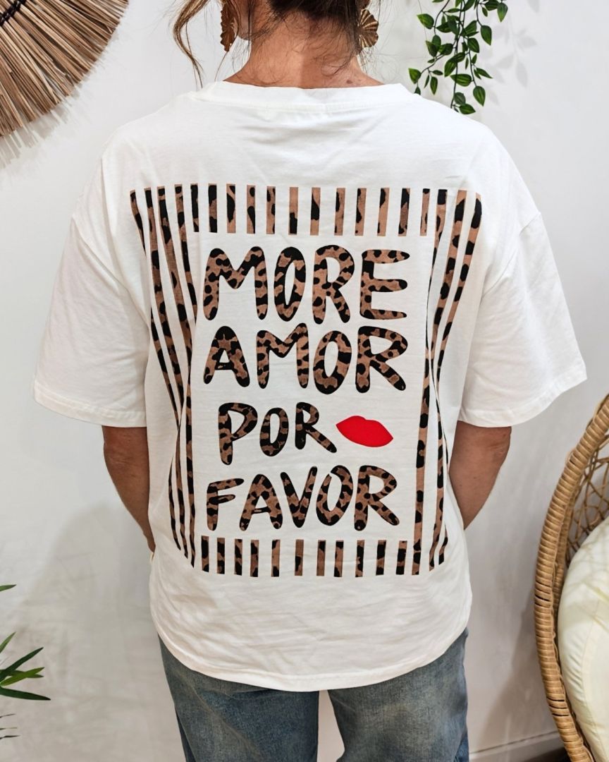 T-shirt femme blanc léopard more amor por favor rayé