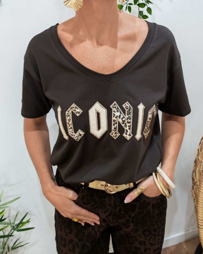 T-Shirt femme Iconic rock léopard paillettes dorées-Marron