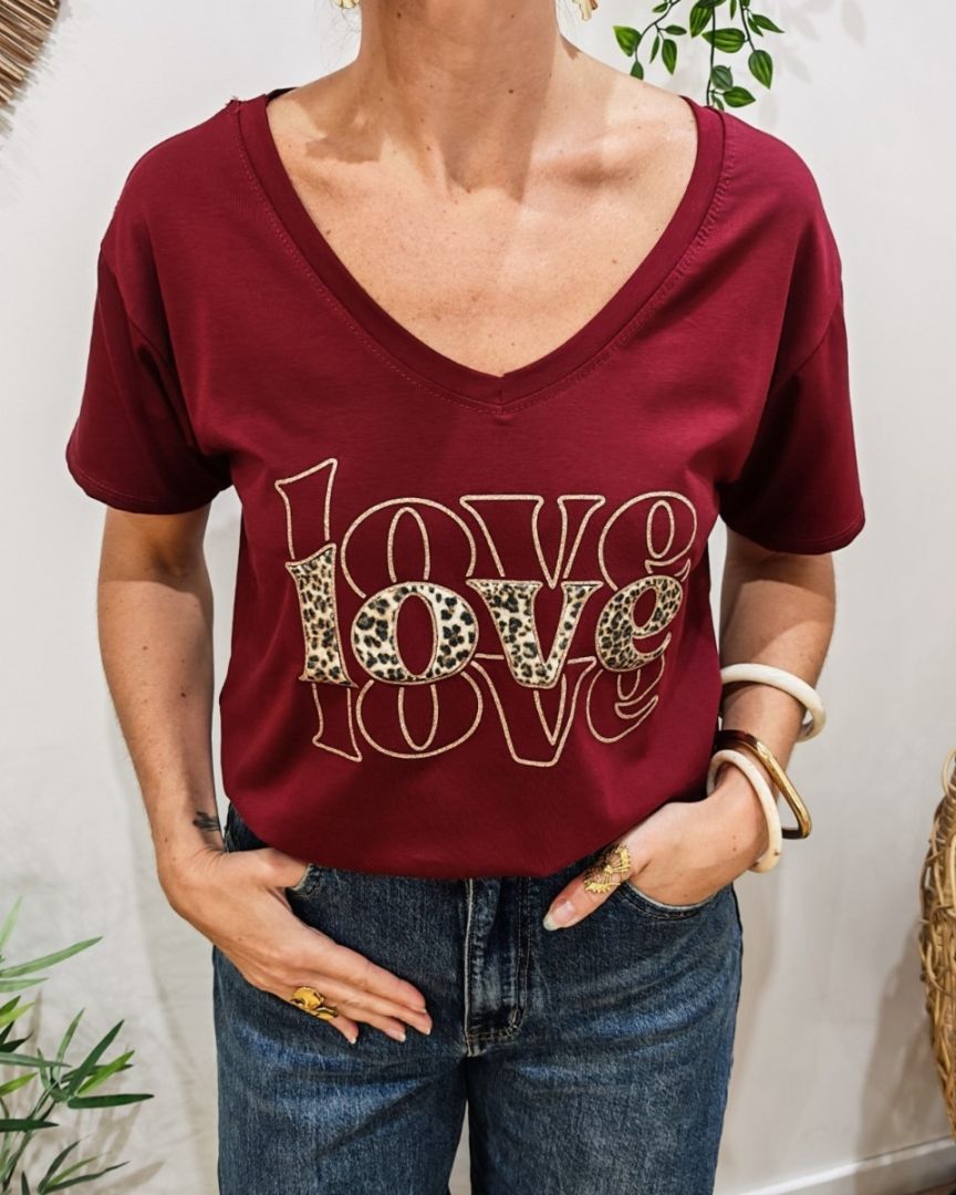 T-Shirt femme Love léopard et paillettes dorées-Rouge bordeaux