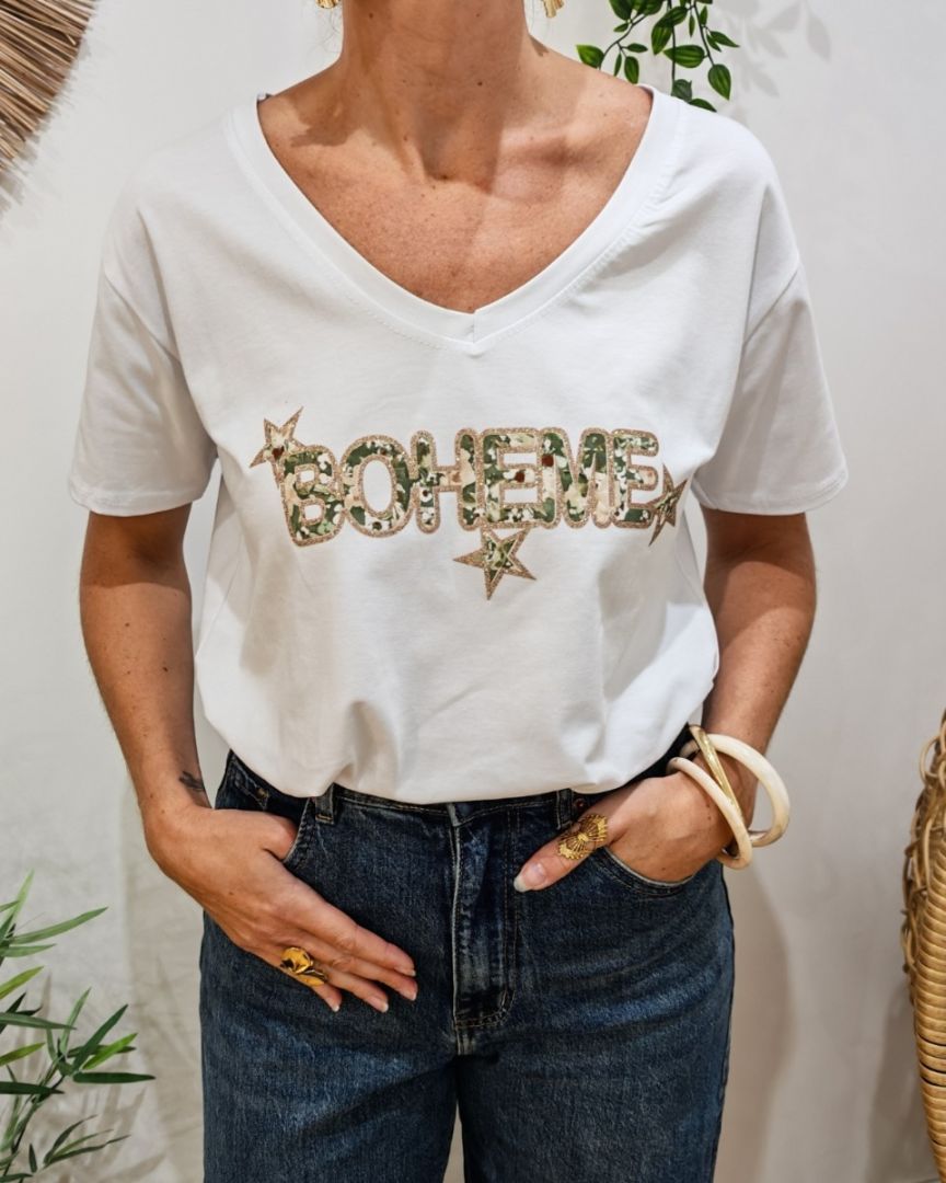 T-Shirt femme blanc Bohème fleuri et paillettes dorées-Kaki
