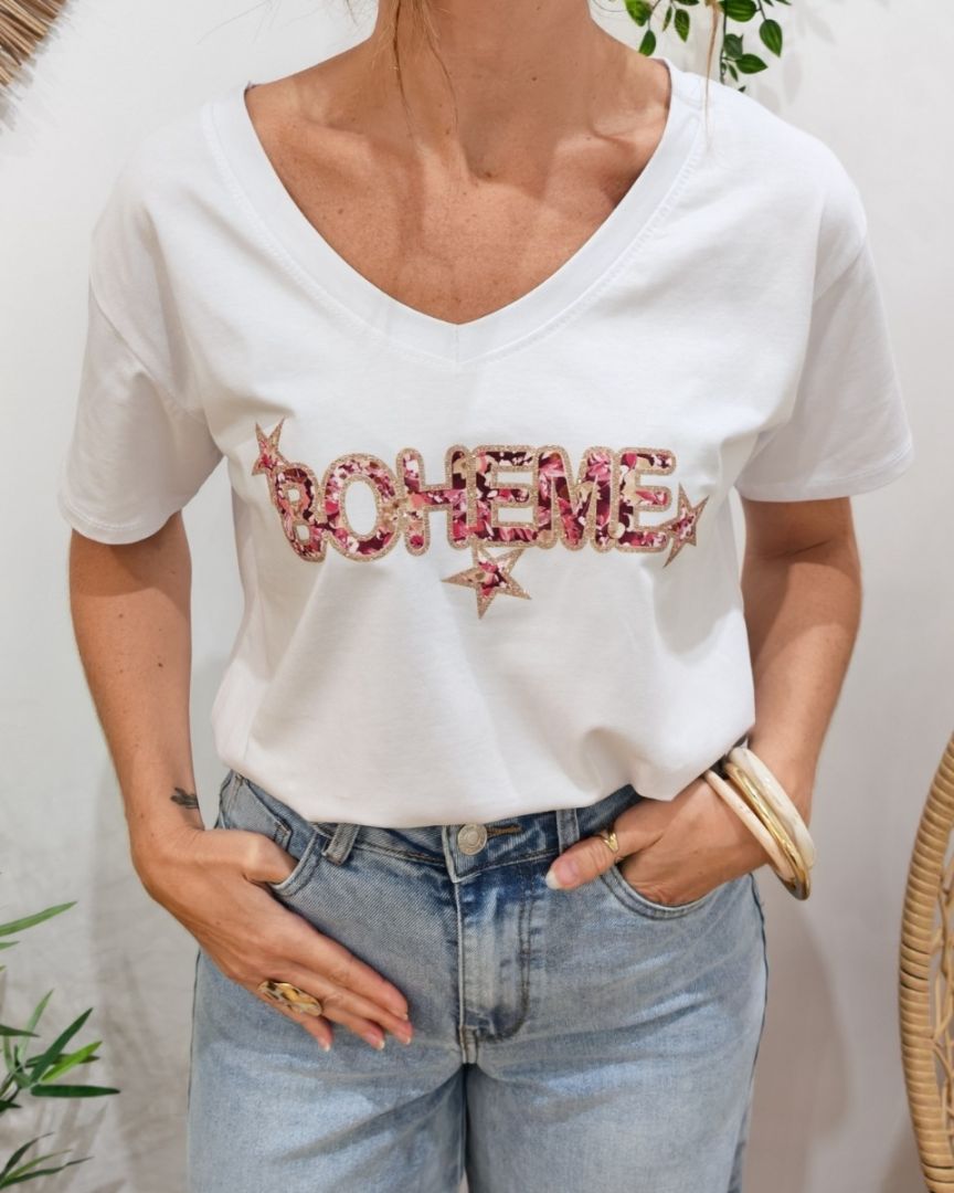 T-Shirt femme blanc Bohème fleuri et paillettes dorées-Rouge bordeaux