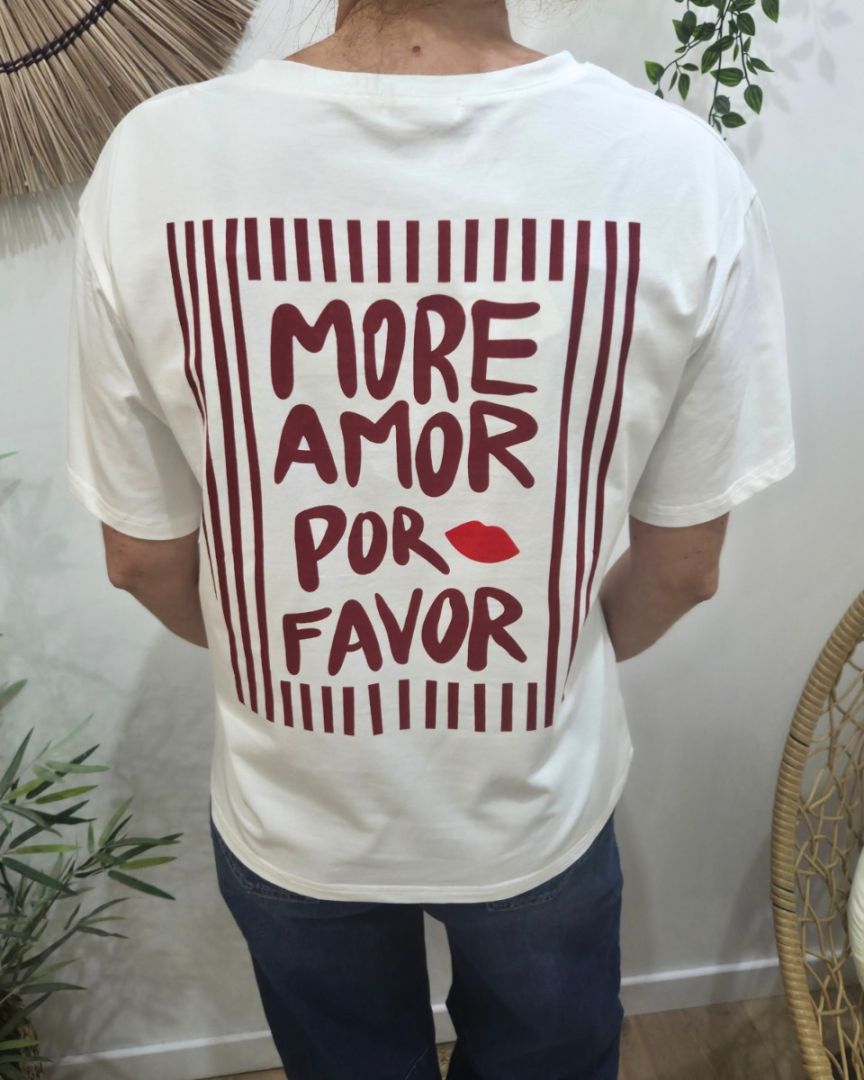 T-shirt femme blanc more amor por favor rouge bordeaux
