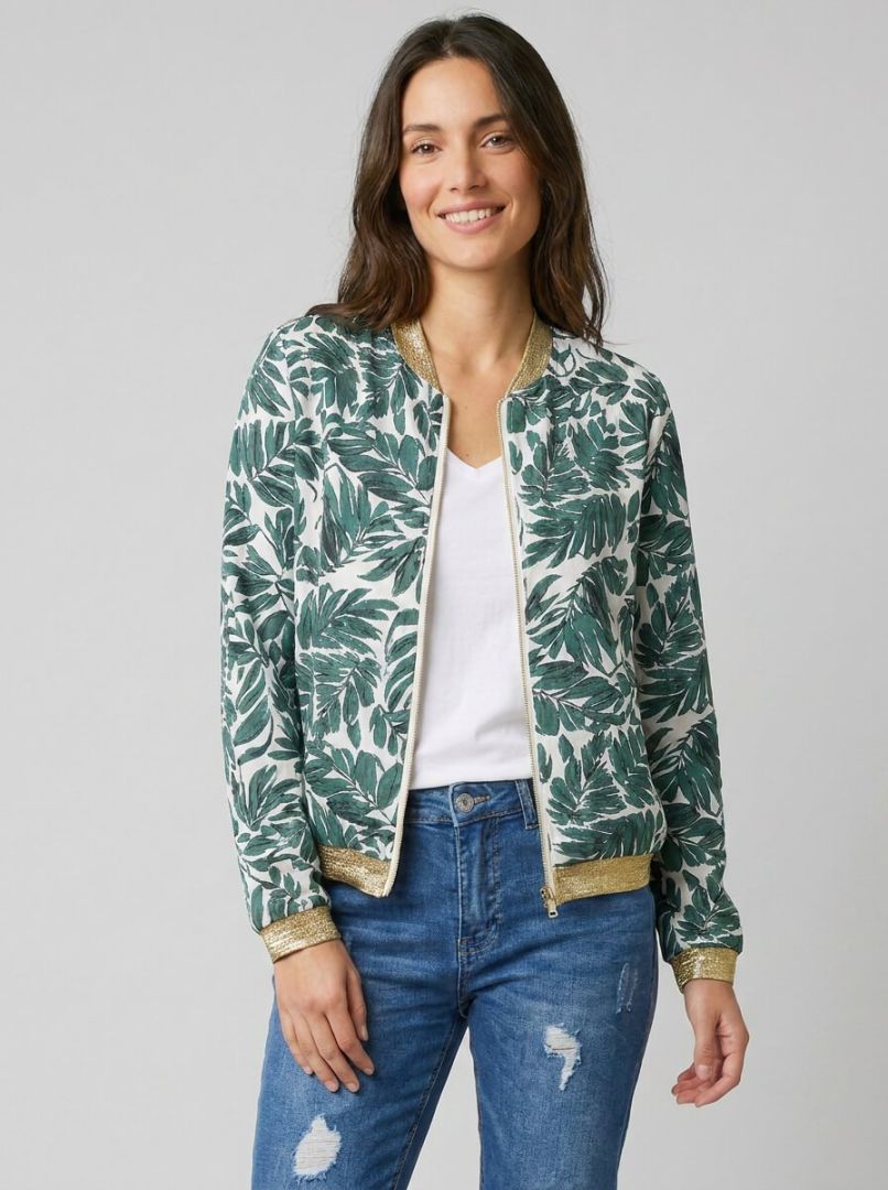 Bombers femme écru feuillage vert