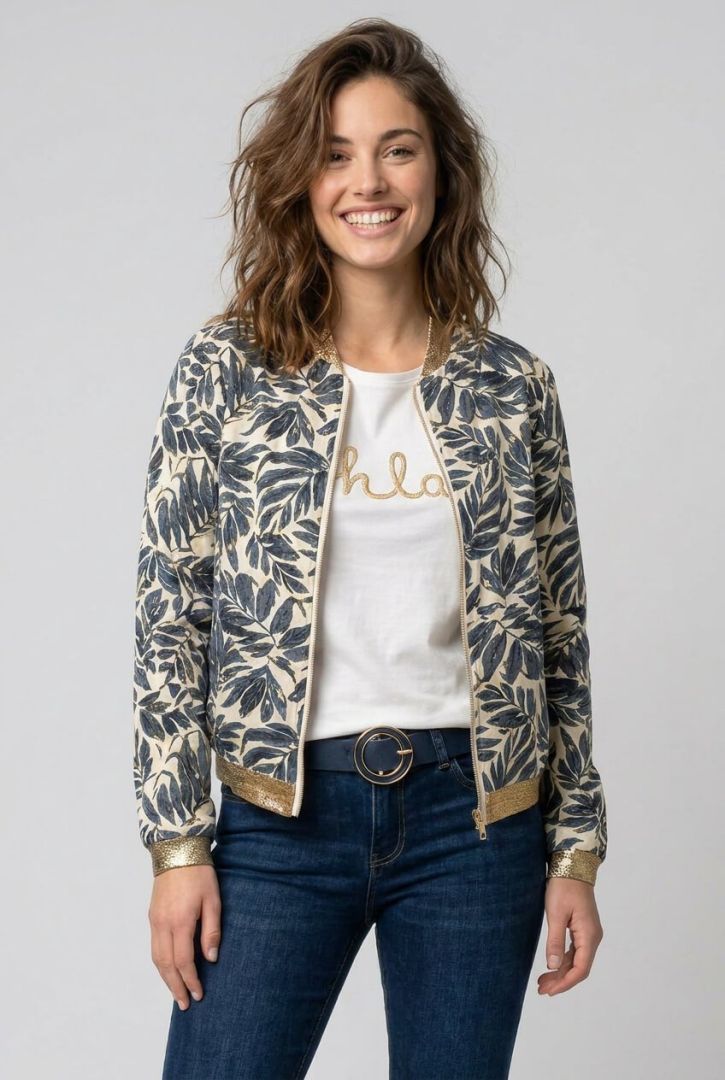 Bombers femme écru feuillage bleu mi-saison léger