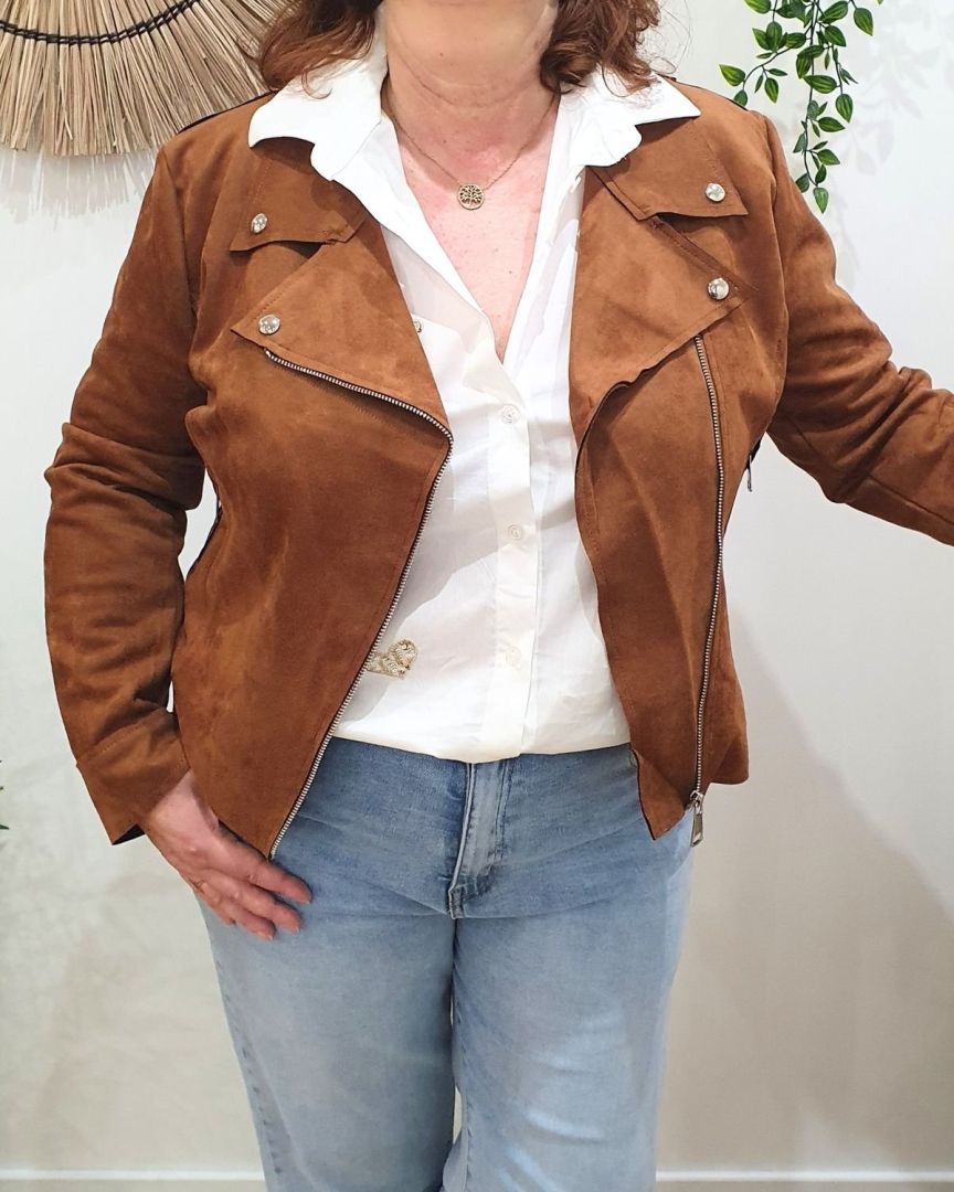 Perfecto femme fin suédine camel foncé