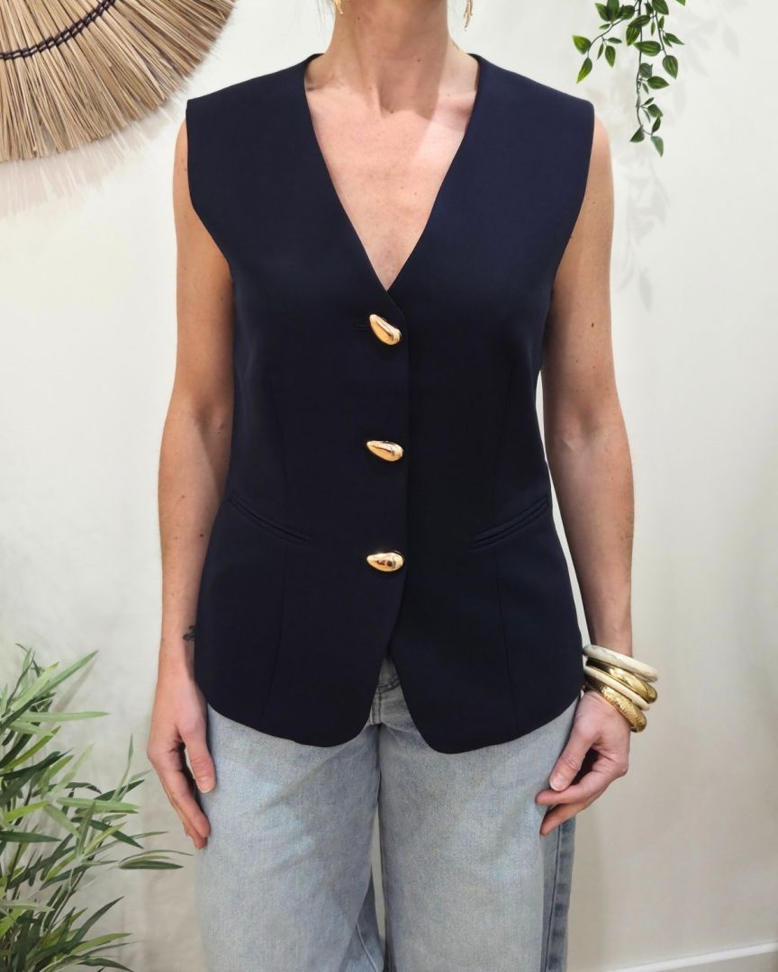 Veste sans manches femme marine boutons dorés Elio