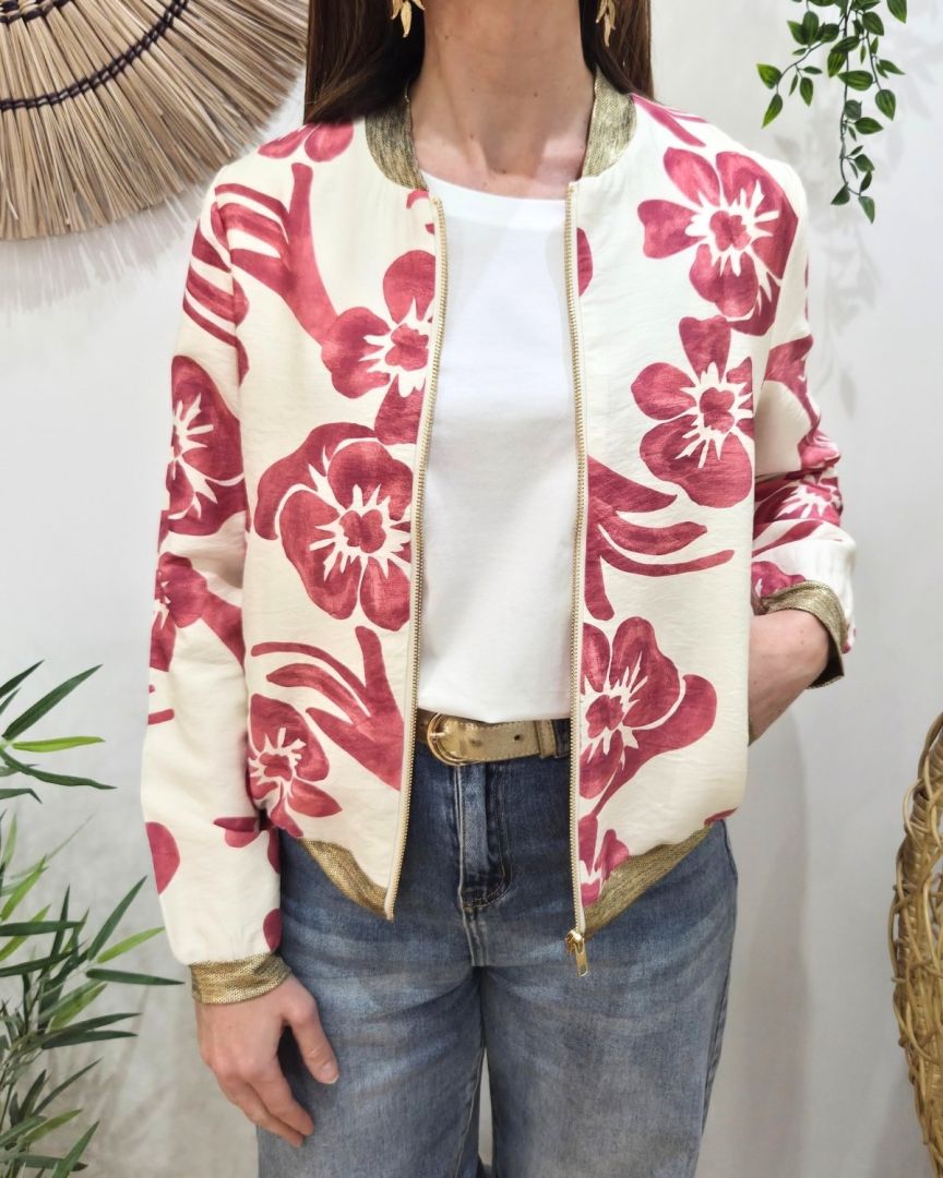 Bombers femme écru fleurs roses Ludovica