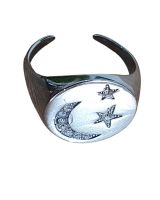 Bague femme acier argenté chevalière lune etoiles strass