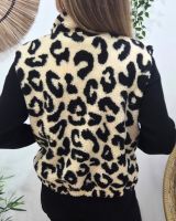 Gilet femme bouclettes léopard sans manches beige et noir