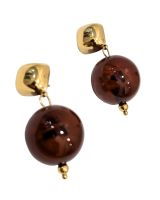 Boucles d'oreilles femme acier doré et boule marron