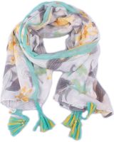 Echarpe verte jaune et grise Fleurs de lys et pompons