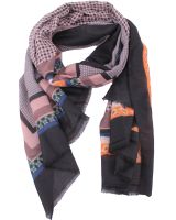 Echarpe noire motifs bleu orange taupe Vintagia