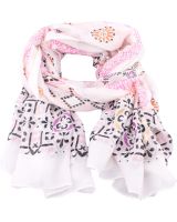 Echarpe blanche motifs roses oranges mauves et dorés Failladi