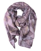 Echarpe femme rose fleurs prunes et dorées