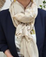 Foulard femme beige fleurs brodées dorées