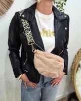 Sac banane femme moumoute broderie AMOUR sangle léopard dorée