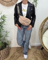 Sac banane femme moumoute broderie AMOUR sangle léopard dorée