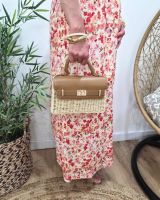 Sac à main et à bandoulière en paille beige rigide et simili cuir