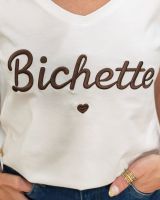 T-Shirt femme blanc broderie bichette marron
