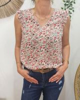 Blouse femme écrue petites fleurs rouges cerises et vertes