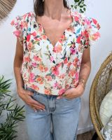 Blouse manche volantes femme écru fleurs roses orangées Aurelia
