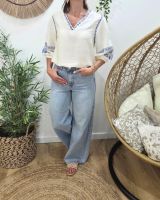 Blouse femme écrue manches 3/4 broderies bleues Estella