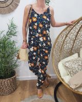 Combinaison femme marine imprimé floral beige et moutarde