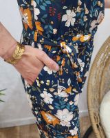 Combinaison femme marine imprimé floral beige et moutarde