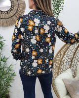 Chemisier marine imprimé floral beige et moutarde