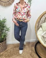 Chemisier femme écru fleurs roses orangées Aurelia