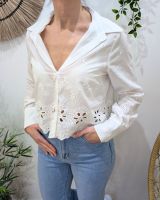 Chemisier femme court écru broderies fleuries Electra