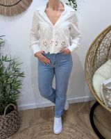 Chemisier femme court écru broderies fleuries Electra