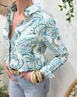 Chemisier femme écru fleurs vertes et bleues Célestina