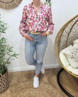 Chemisier femme écru fleurs fuchsia bleues vertes manches brodées Ilaria