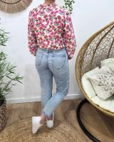 Chemisier femme écru fleurs fuchsia bleues vertes manches brodées Ilaria