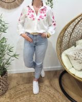 Chemisier femme blanc broderies fleuries roses Xentha