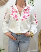 Chemisier femme blanc broderies fleuries roses Xentha