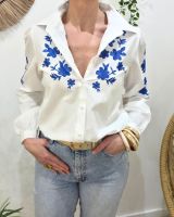 Chemisier femme blanc broderies fleuries bleues Xentha