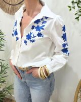 Chemisier femme blanc broderies fleuries bleues Xentha