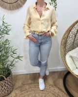 Chemisier femme jaune pâle broderies fleuries beiges Cybéla