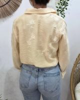 Chemisier femme jaune pâle broderies fleuries beiges Cybéla