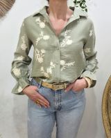Chemisier femme kaki clair broderies fleuries beiges Cybéla