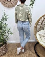 Chemisier femme kaki clair broderies fleuries beiges Cybéla