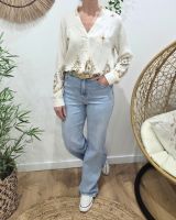 Chemisier femme écru broderies kaki et beiges col mao