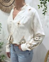 Chemisier femme écru broderies kaki et beiges col mao