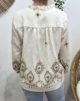 Chemisier femme écru broderies kaki et beiges col mao
