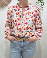 Chemisier femme écru imprimés fleuris oranges fuchsia multicolores