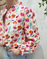 Chemisier femme écru imprimés fleuris oranges fuchsia multicolores